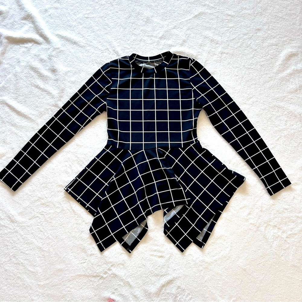 NWOT Small Black Geometric Print Handkerchief Hem Full Sleeve Peplum Mini Dress